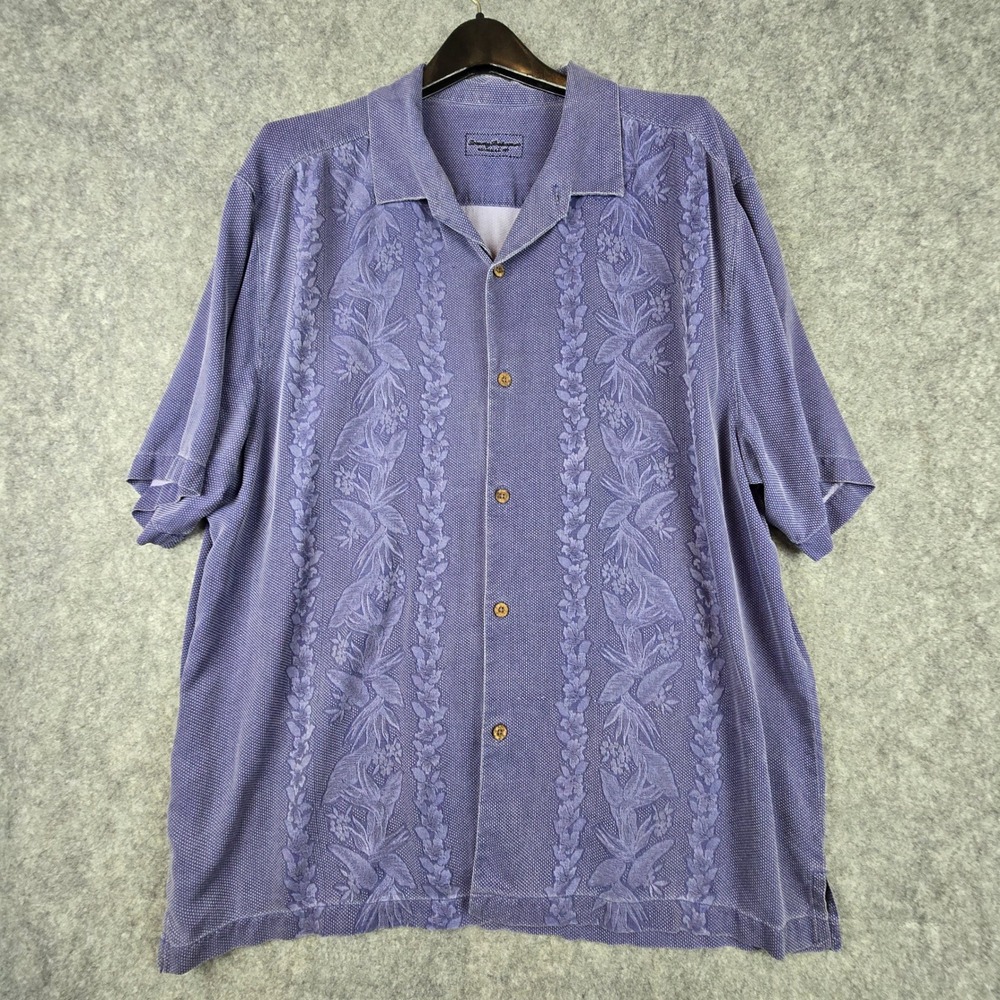 Tommy Bahama Camp Shirt Mens XXL Blue 100% Silk Original Fit Floral Jacquard - Picture 2 of 9